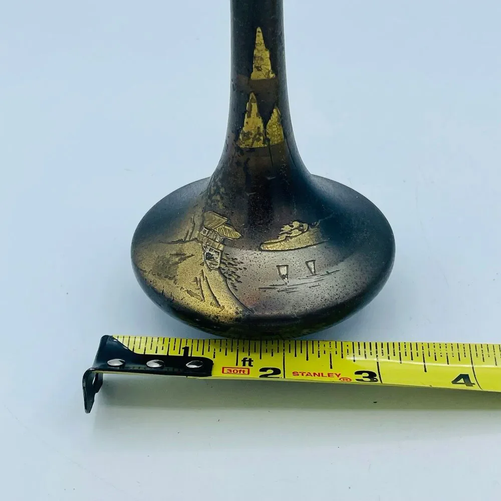 Vintage Japanese Bronze Ikebana Flower Vase Heavy Cast Metal Footed Vessel MCM